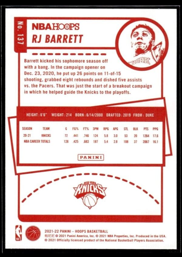 2021 Hoops New York Knicks #137 RJ Barrett Red Back