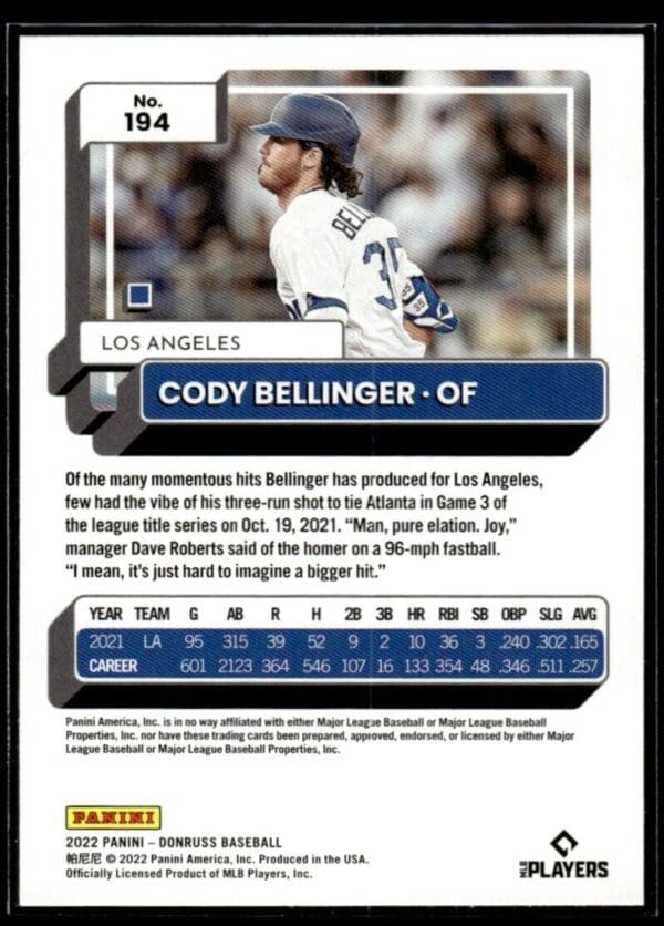 2022 Donruss Los Angeles Dodgers #194 Cody Bellinger