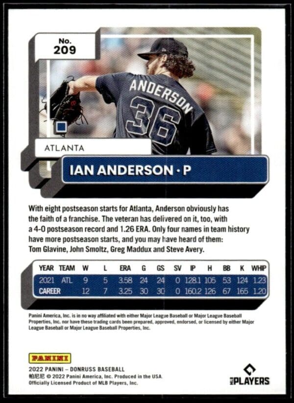 _10 2022 Donruss Atlanta Braves #209 Ian Anderson