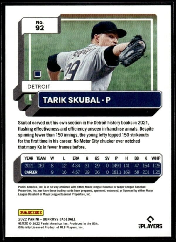 2022 Donruss Detroit Tigers #92 Tarik Skubal