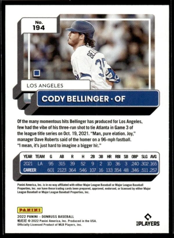 _10 2022 Donruss Los Angeles Dodgers #194 Cody Bellinger