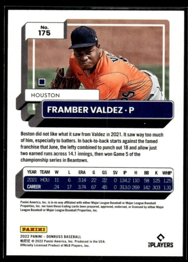 _10 2022 Donruss Houston Astros #175 Framber Valdez