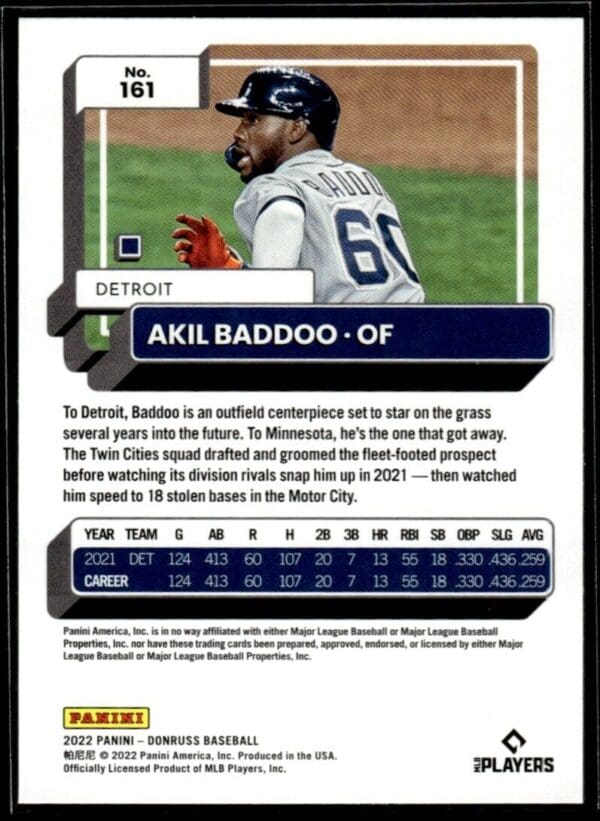 _10 2022 Donruss Detroit Tigers #161 Akil Baddoo