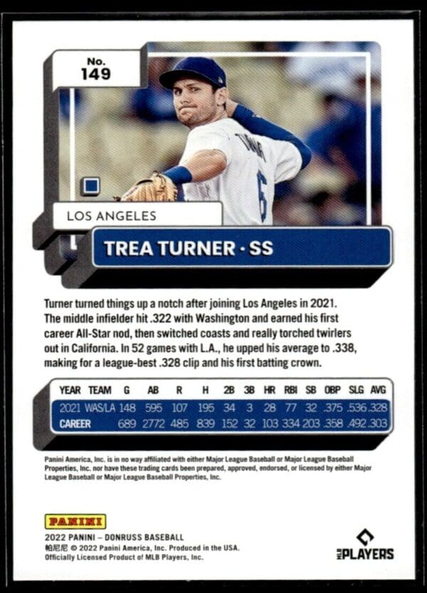 _10 2022 Donruss Los Angeles Dodgers #149 Trea Turner