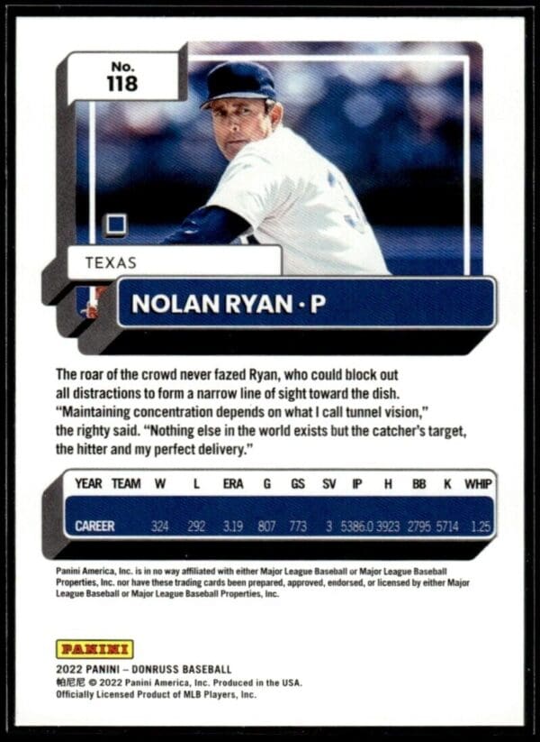 2022 Donruss Texas Rangers #118 Nolan Ryan