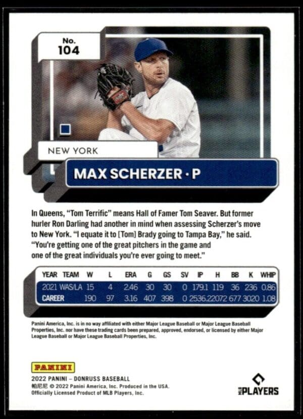 2022 Donruss New York Mets #104 Max Scherzer
