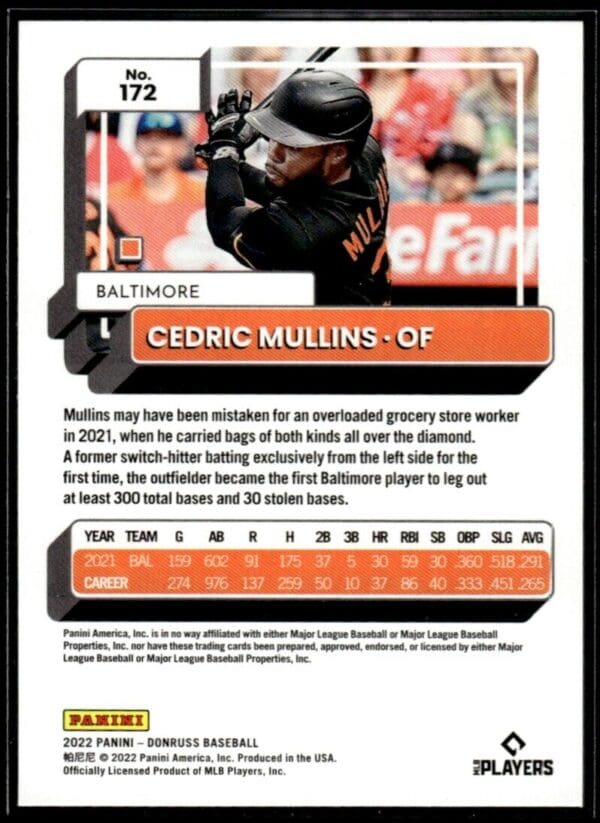 2022 Donruss Baltimore Orioles #172 Cedric Mullins