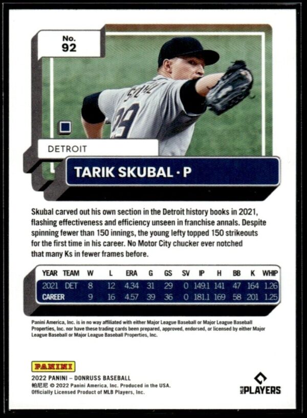 2022 Donruss Detroit Tigers #92 Tarik Skubal