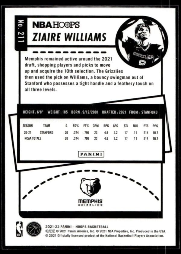 2021 NBA Hoops Winter Edition Memphis Grizzlies #211 Ziaire Williams RC Rookie