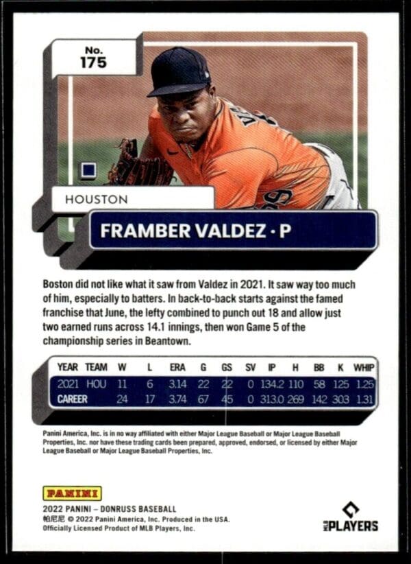 _10 2022 Donruss Houston Astros #175 Framber Valdez