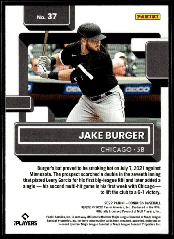 _10 2022 Donruss Chicago White Sox #37 Jake Burger RC Rookie