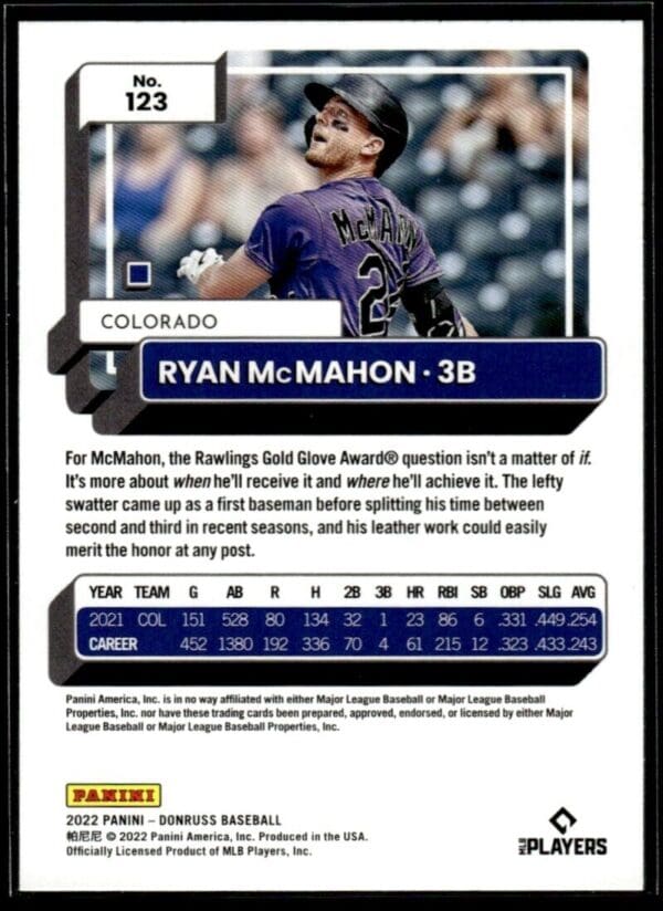 _10 2022 Donruss Colorado Rockies #123 Ryan McMahon Orange Holo