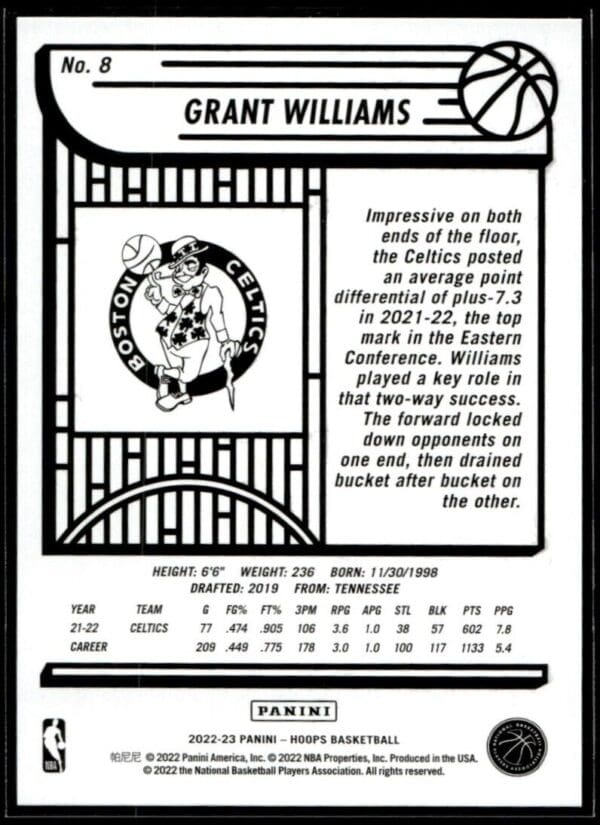 2022 Hoops Boston Celtics #8 Grant Williams