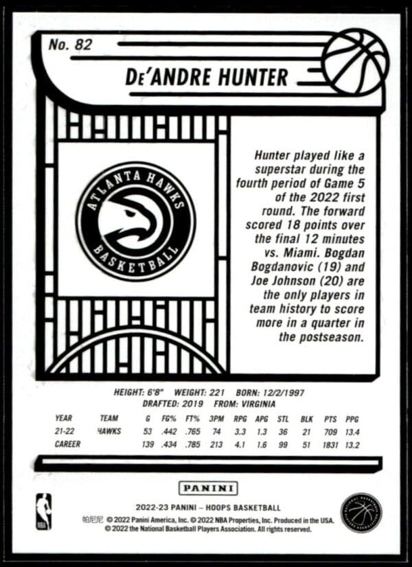 2022 Hoops Atlanta Hawks #82 De'Andre Hunter