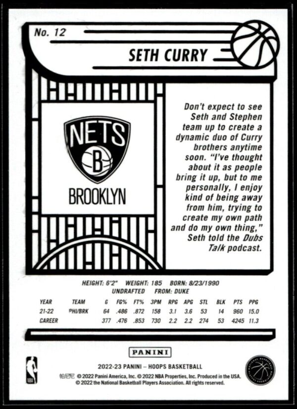 _10 2022 Hoops Brooklyn Nets #12 Seth Curry