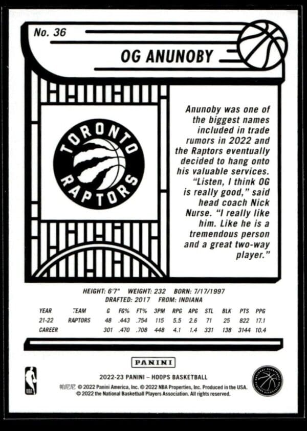 _10 2022 Hoops Toronto Raptors #36 OG Anunoby