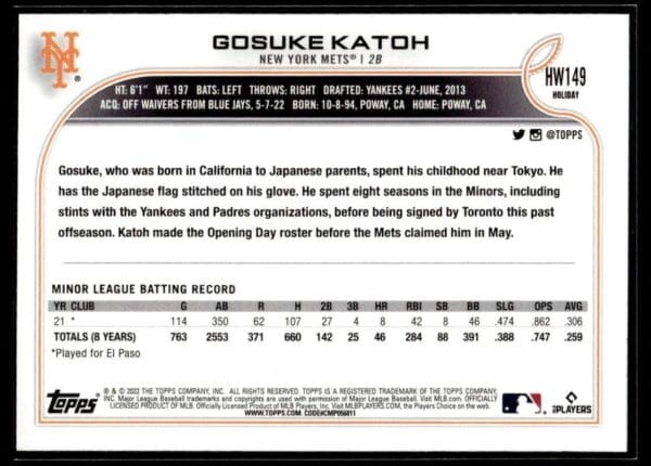 _10 2022 Topps Holiday New York Mets #HW149 Gosuke Katoh RC Rookie Metallic