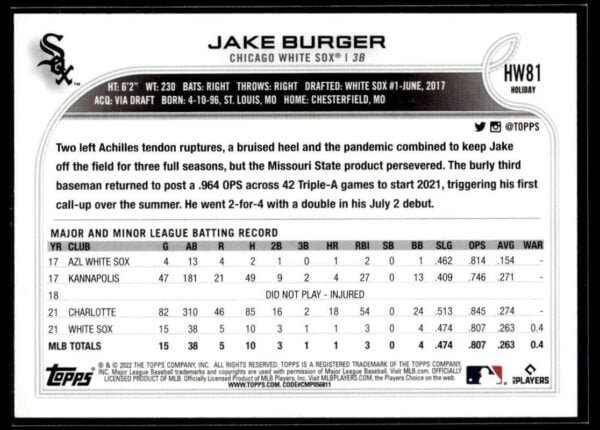 _10 2022 Topps Holiday Chicago White Sox #HW81 Jake Burger RC Rookie Metallic