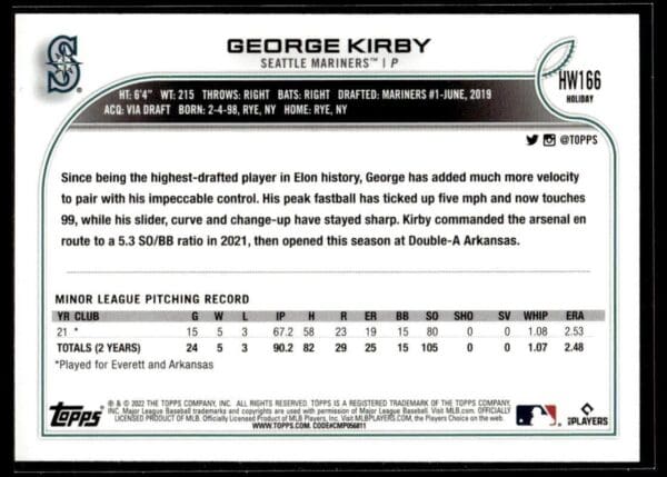 _10 2022 Topps Holiday Seattle Mariners #HW166 George Kirby RC Rookie Metallic