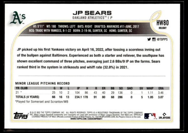 _10 2022 Topps Holiday New York Yankees #HW80 JP Sears RC Rookie Metallic