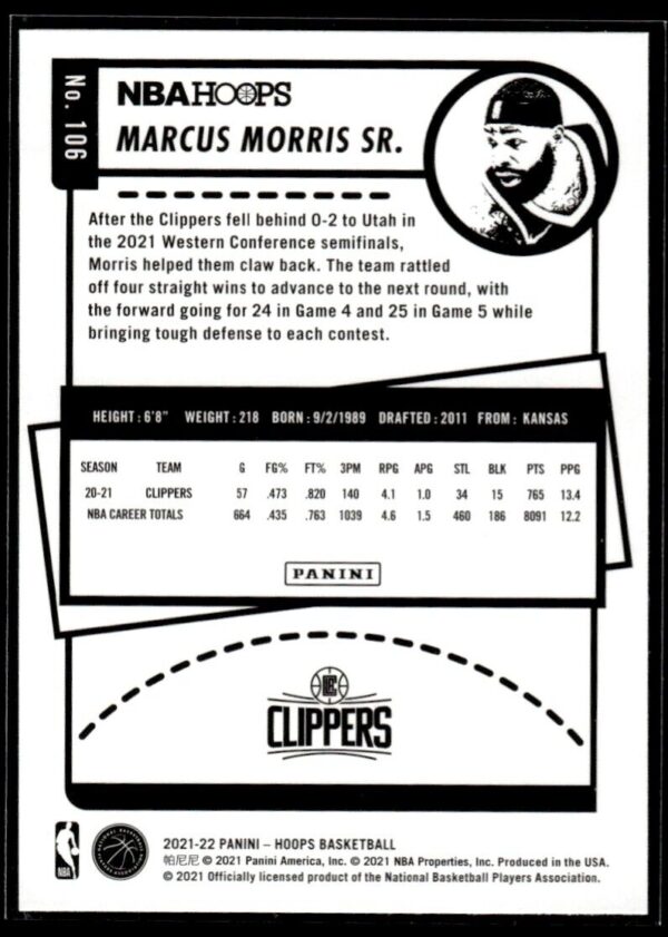 2021 NBA Hoops Winter Edition Los Angeles Clippers #106 Marcus Morris Sr.