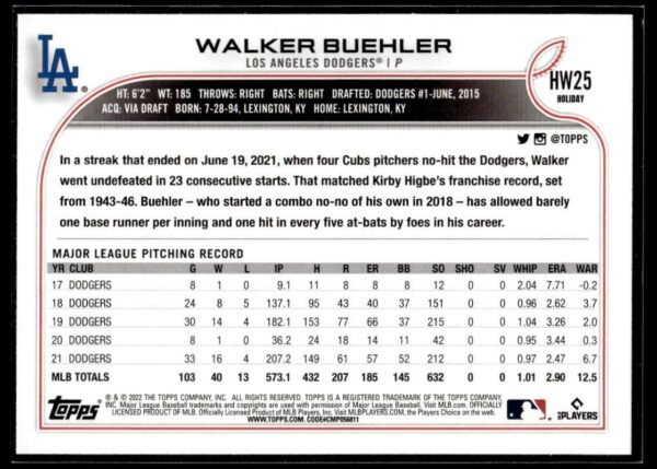 2022 Topps Holiday Los Angeles Dodgers #HW25 Walker Buehler Metallic