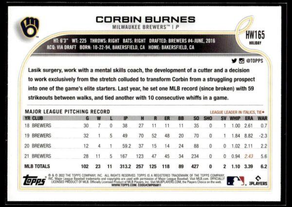 2022 Topps Holiday Milwaukee Brewers #HW165 Corbin Burnes Metallic