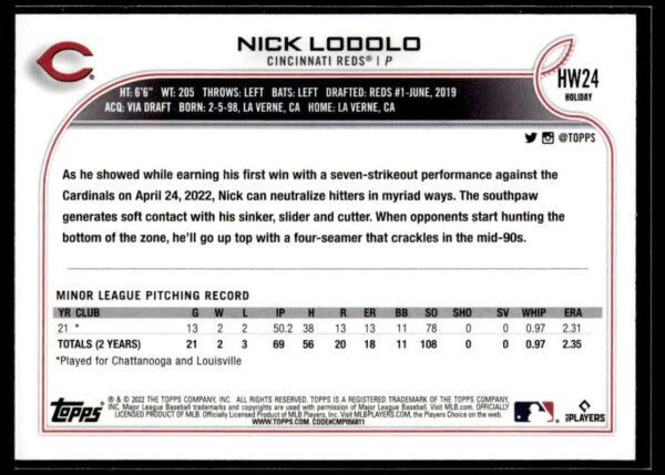 2022 Topps Holiday Cincinnati Reds #HW24 Nick Lodolo RC Rookie Metallic
