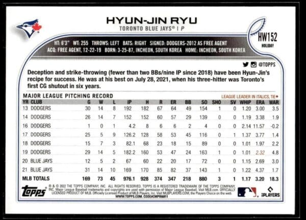 2022 Topps Holiday Toronto Blue Jays #HW152 Hyun-Jin Ryu Metallic