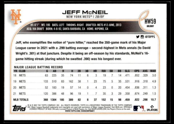 2022 Topps Holiday New York Mets #HW59 Jeff McNeil Metallic