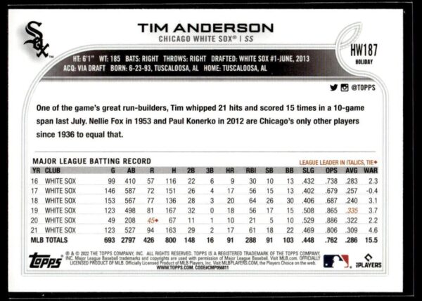 2022 Topps Holiday Chicago White Sox #HW187 Tim Anderson Metallic