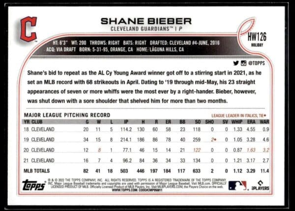 2022 Topps Holiday Cleveland Guardians #HW126 Shane Bieber Metallic
