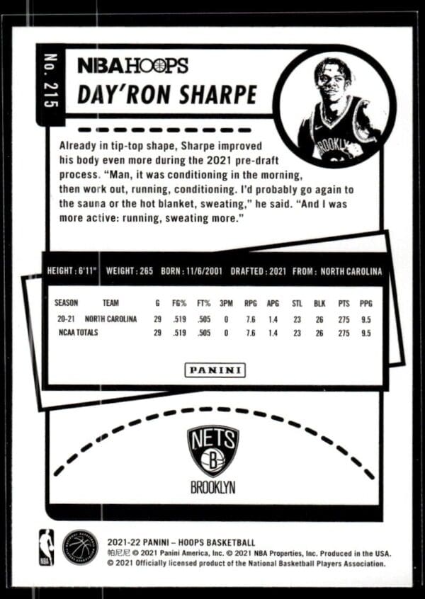 2021 NBA Hoops Winter Edition Brooklyn Nets #215 Day'Ron Sharpe RC Rookie