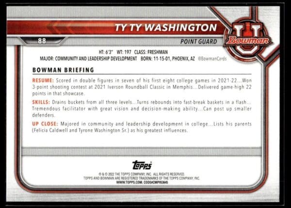 2002 Bowman University  #88 TY TY Washington RC Rookie