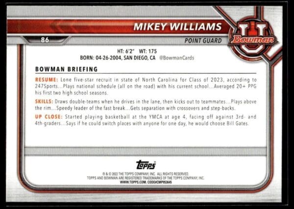 _10 2002 Bowman University #86 Mikey Williams Autographed