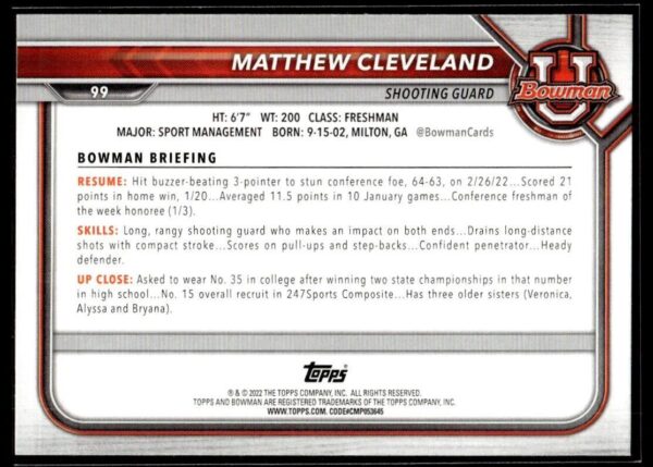 _10 2002 Bowman University #99 Matthew Cleveland