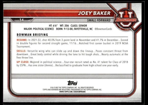 2002 Bowman University  #54 Joey Baker