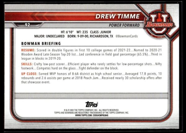 2002 Bowman University  #92 Drew Timme