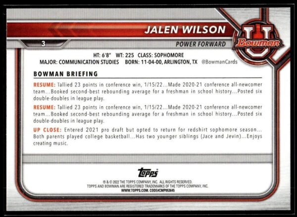 2002 Bowman University  #3 Jalen Wilson