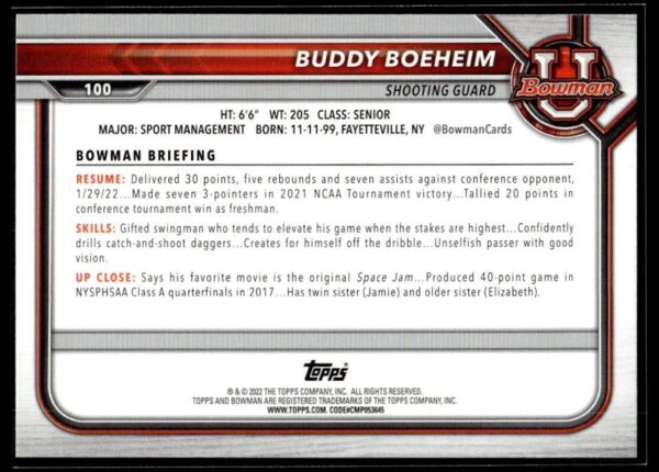 2002 Bowman University  #100 Buddy Boheim