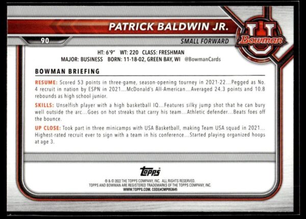 2002 Bowman University  #90 Patrick Baldwin Jr.