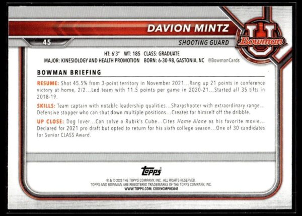 2002 Bowman University  #45 Davion Mintz