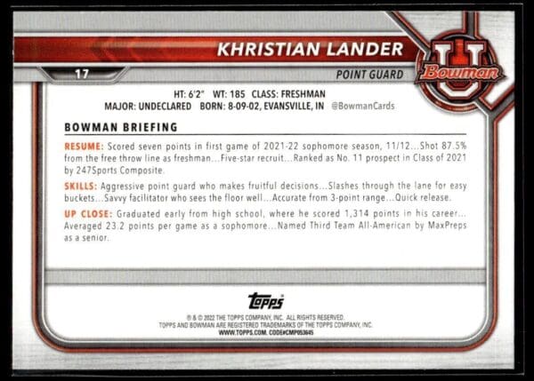 2002 Bowman University  #17 Khristian Lander