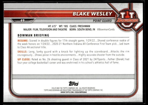 2002 Bowman University  #49 Blake Wesley