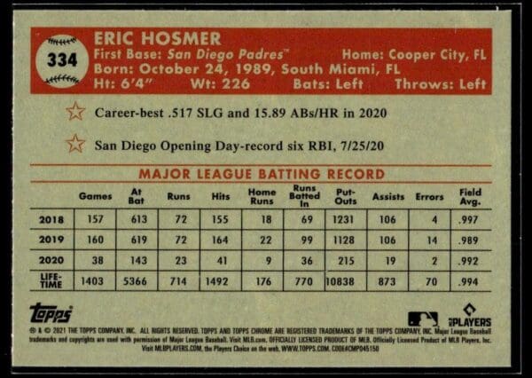 _10 2021 Topps Chrome Platinum Anniversary San Diego Padres #334 Eric Hosmer Autogra