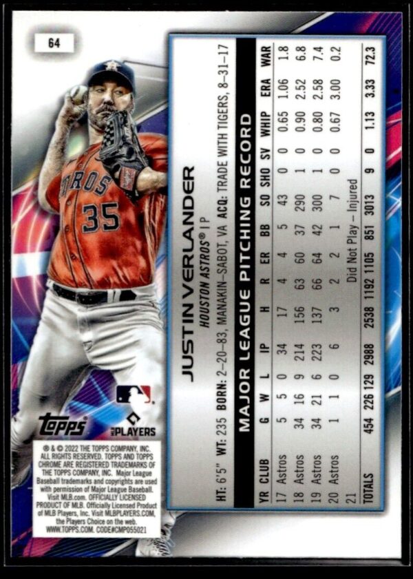 2022 Topps Chrome Houston Astros #64 Justin Verlander