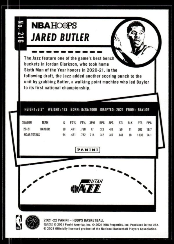 2021 NBA Hoops Winter Edition Utah Jazz #216 Jared Butler RC Rookie
