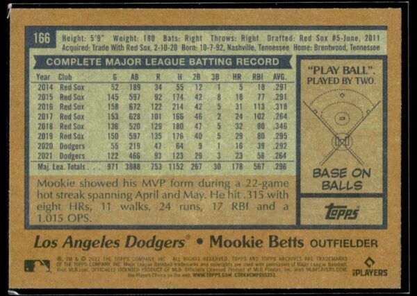 _10 2022 Topps Archives Los Angeles Dodgers #166 Mookie Betts