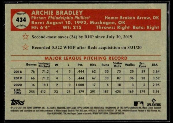 2021 Topps Chrome Platinum Anniversary Philadelphia Phillies #434 Archie Bradley