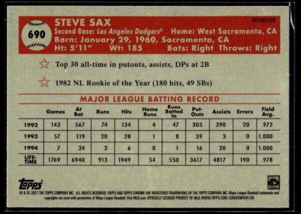 2021 Topps Chrome Platinum Anniversary Los Angeles Dodgers #690 Steve Sax Autogr